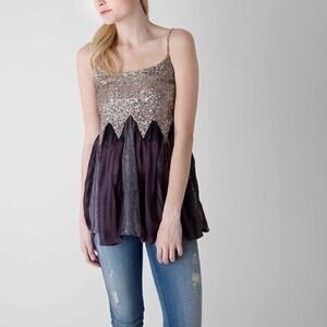 BKE Babydoll Top Womens M Purple Gold Silk Cotton Sequin Fairy Y2K Going Out